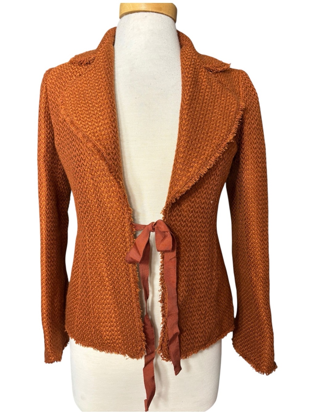 Ellen Tracy Tweed Fringe Front Tie Blazer Jacket Rust Orange Petite 2 - Picture 2 of 6